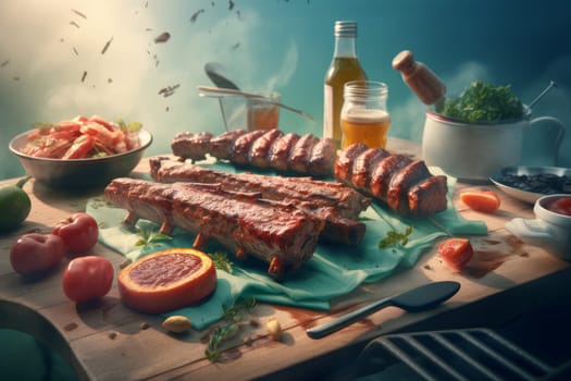 Barbecue table meat vegetables. Steak menu. Generate Ai