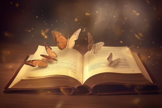 Book glowing butterfly. Magic dream. Generate Ai