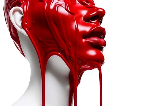 Dripping red paint on woman face. Color makeup. Generate Ai