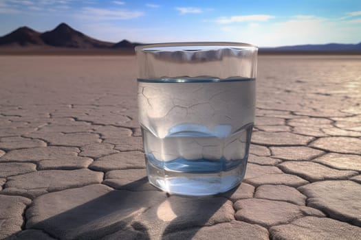 Cold water glass in desert. Ecology dry. Generate Ai