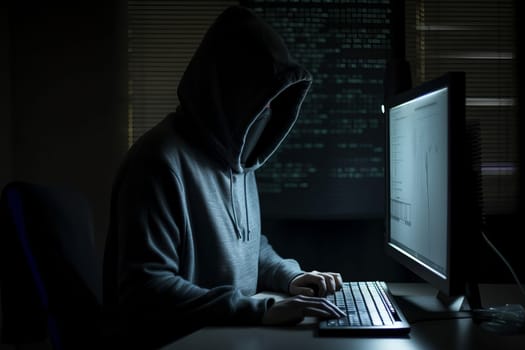 Hacker work at computer in hoodie. Data security. Generate Ai