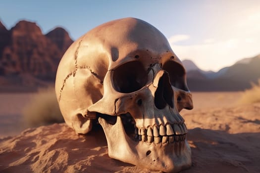 Cracked human skull in desert. Skeleton head. Generate Ai