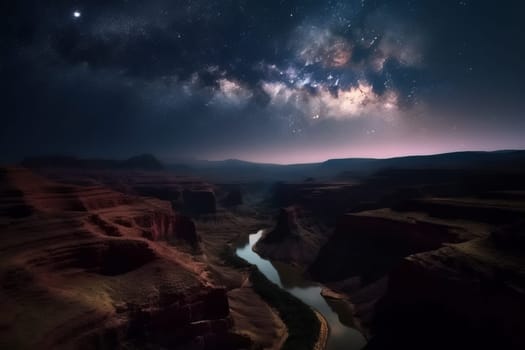 Grand canyon with starry night sky. Rock tourism. Generate Ai