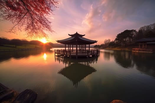 Cherry blossom sunset at the house lake. Garden spring. Generate Ai