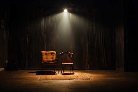 Two vintage chairs in an empty dark room in the rays of light.