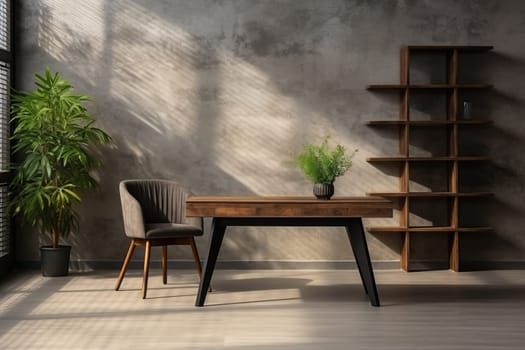 Modern living room in loft style with a wooden table and a wood shelf.