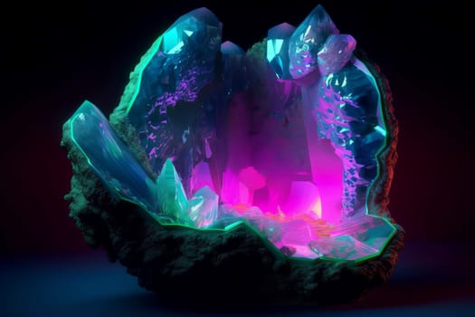 Neon glowing sulphuric crystals. Colorful reflection. Generate Ai