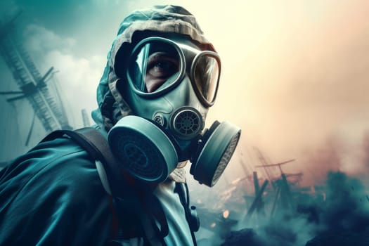 Man in air gas mask. Polluted air. Generate Ai