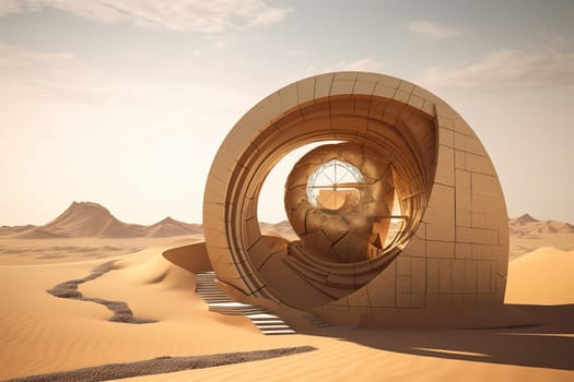 Golden ratio spiral building. Nature desert. Generate Ai