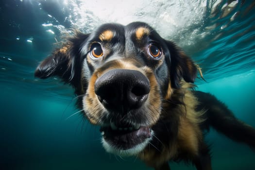 Underwater funny dog. Home pool swim. Generate Ai