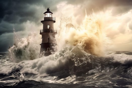 Lighthouse massive storm splash. Sea wave. Generate Ai