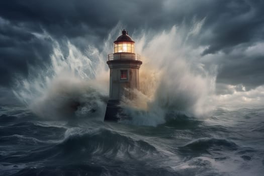 Sea storm splash on lighthouse. Sea big wave. Generate Ai