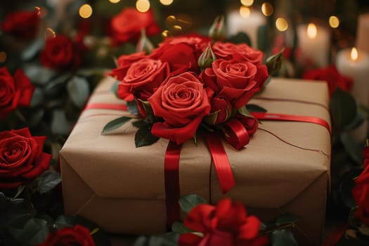 A gift box with a red ribbon and a bunch of red roses arranged around it.