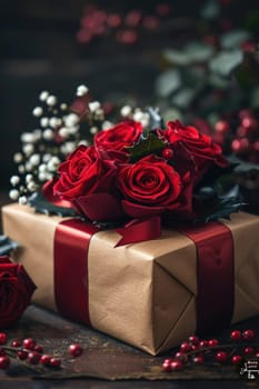 A gift wrapped in elegant paper adorned with red roses and babys breath flowers.