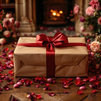 A present wrapped in beautiful paper with a shining red ribbon, perfect for celebrations and special occasions.
