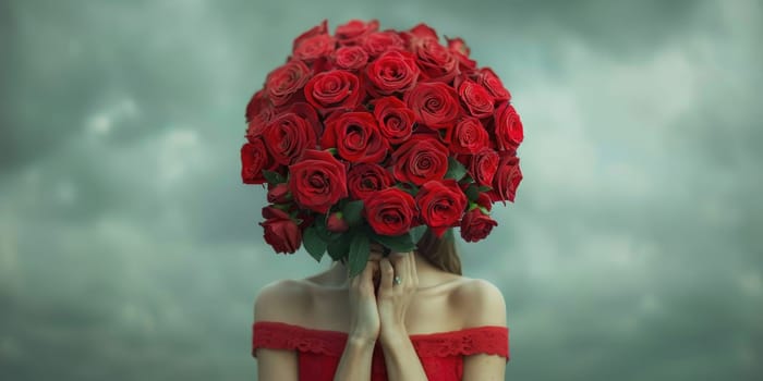 A woman confidently balancing a collection of vibrant red roses on her head.