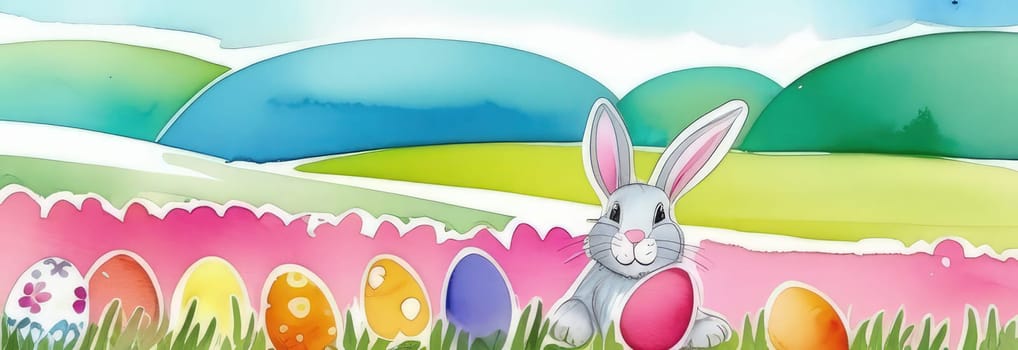 Holiday celebration banner with cute Easter bunny with decorated eggs and spring flowers on green spring meadow. Rabbit in landscape. Happy Easter greeting card, banner, festive background. Copy space