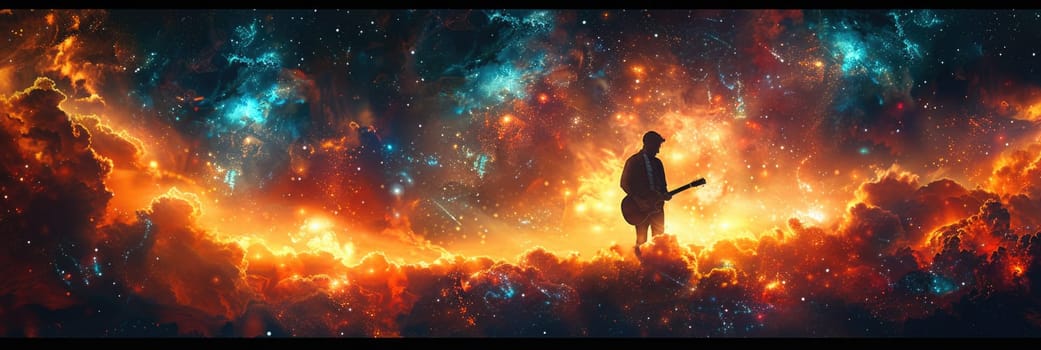 A man with a guitar stands surrounded by stars in space.