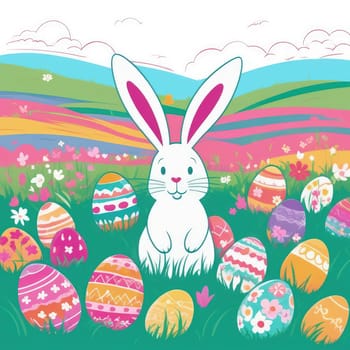 Holiday celebration banner with cute Easter bunny with decorated eggs and spring flowers on green spring meadow. Rabbit in landscape. Happy Easter greeting card, banner, festive background. Copy space