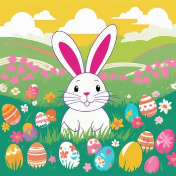 Holiday celebration banner with cute Easter bunny with decorated eggs and spring flowers on green spring meadow. Rabbit in landscape. Happy Easter greeting card, banner, festive background. Copy space