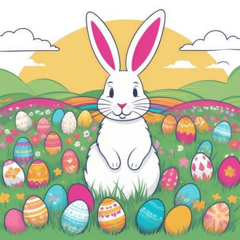 Holiday celebration banner with cute Easter bunny with decorated eggs and spring flowers on green spring meadow. Rabbit in landscape. Happy Easter greeting card, banner, festive background. Copy space