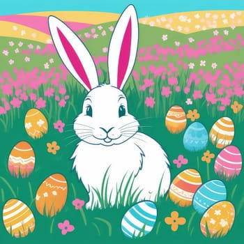 Holiday celebration banner with cute Easter bunny with decorated eggs and spring flowers on green spring meadow. Rabbit in landscape. Happy Easter greeting card, banner, festive background. Copy space