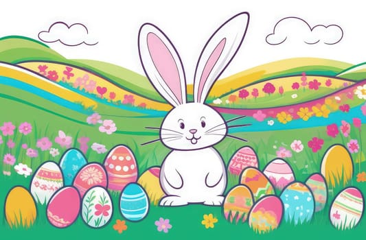 Holiday celebration banner with cute Easter bunny with decorated eggs and spring flowers on green spring meadow. Rabbit in landscape. Happy Easter greeting card, banner, festive background. Copy space