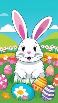 Holiday celebration banner with cute Easter bunny with decorated eggs and spring flowers on green spring meadow. Rabbit in landscape. Happy Easter greeting card, banner, festive background. Copy space