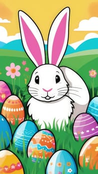 Holiday celebration banner with cute Easter bunny with decorated eggs and spring flowers on green spring meadow. Rabbit in landscape. Happy Easter greeting card, banner, festive background. Copy space