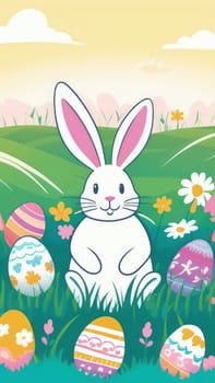 Holiday celebration banner with cute Easter bunny with decorated eggs and spring flowers on green spring meadow. Rabbit in landscape. Happy Easter greeting card, banner, festive background. Copy space