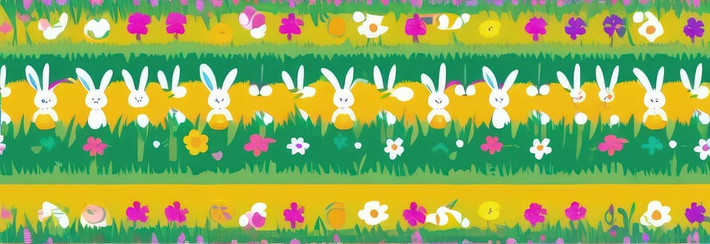 Holiday celebration banner with cute Easter decorated eggs and spring flowers on green spring meadow. Flowers in landscape. Happy Easter greeting card, banner, festive background.Copy space
