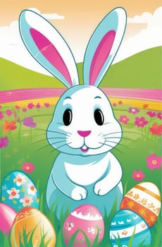 Holiday celebration banner with cute Easter bunny with decorated eggs and spring flowers on green spring meadow. Rabbit in landscape. Happy Easter greeting card, banner, festive background. Copy space