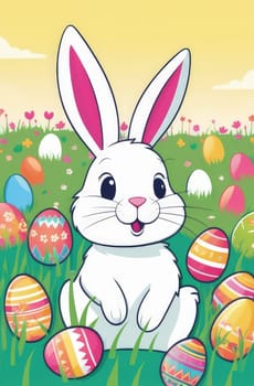 Holiday celebration banner with cute Easter bunny with decorated eggs and spring flowers on green spring meadow. Rabbit in landscape. Happy Easter greeting card, banner, festive background. Copy space
