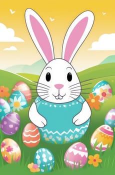 Holiday celebration banner with cute Easter bunny with decorated eggs and spring flowers on green spring meadow. Rabbit in landscape. Happy Easter greeting card, banner, festive background. Copy space