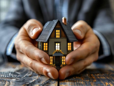 Person holding a small house symbolizing real estate concept.