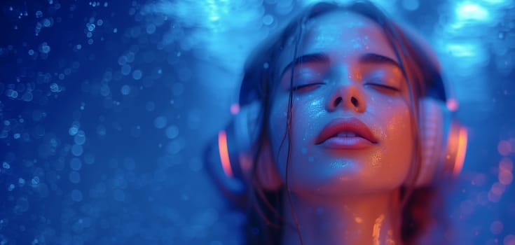 A young woman under the rain is captured in a moment of bliss as she listens to music through her headphones - Generative AI
