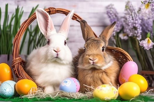 White and brown bunnies in a basket with colorful Easter eggs - Generative AI