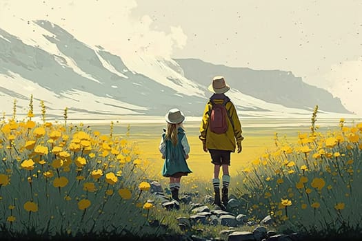 Two hikers wander through a vibrant field of wildflowers with mountainous backdrop - Generative AI
