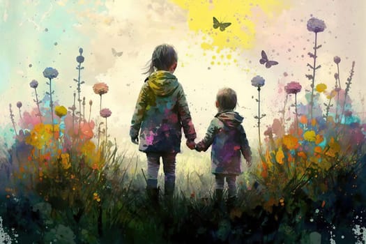 A heartwarming illustration of two siblings hand-in-hand, surrounded by flowers and butterflies - spring season - Generative AI