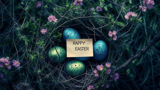 Speckled Easter eggs nestled in a natural nest with spring flowers and a 'Happy Easter' note, set against a moody forest backdrop - Generative AI