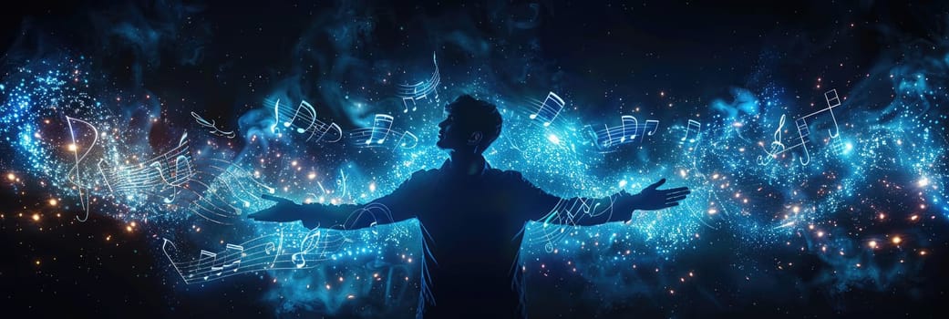 A man stands in front of a vibrant and colorful background, showcasing hands, magic, and music themes.