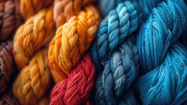 A vividly colored selection of threaded yarns, showcasing a variety of textures.