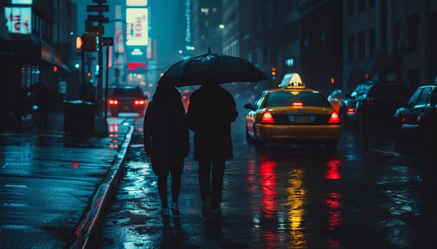 A girl and a man in the rain on cloudy weather. High quality photo