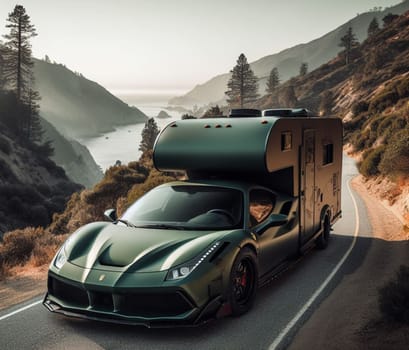 green matte special edition expensive offoroad 4x4 fast sports luxury supercar design camper van conversion for digital nomad avdenture weekender ai art generated