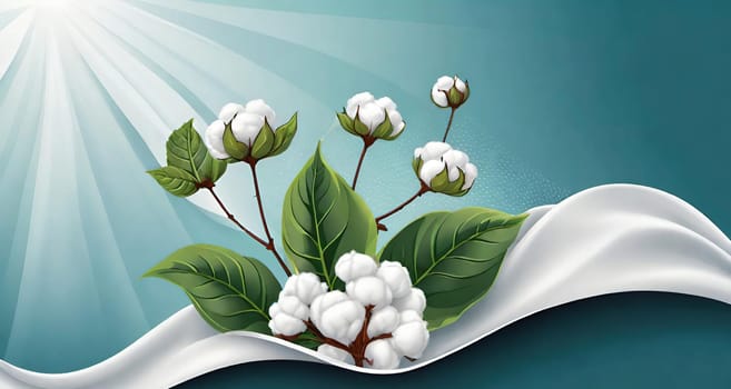 Cotton branch with green leaves on knitted background. Vector illustration.Illustration of a white cotton flower on a cloth background. Beautiful cotton flowers with green leaves on fabric, closeup