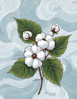 Cotton branch with green leaves on knitted background. Vector illustration.Illustration of a white cotton flower on a cloth background. Beautiful cotton flowers with green leaves on fabric, closeup