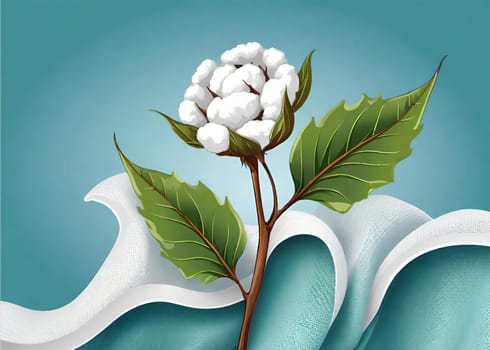 Cotton branch with green leaves on knitted background. Vector illustration.Illustration of a white cotton flower on a cloth background. Beautiful cotton flowers with green leaves on fabric, closeup