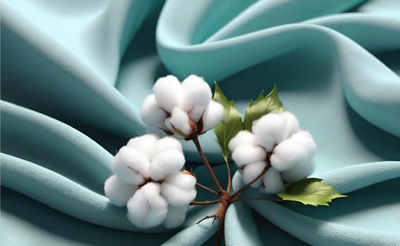 Cotton branch with green leaves on knitted background. Vector illustration.Illustration of a white cotton flower on a cloth background. Beautiful cotton flowers with green leaves on fabric, closeup