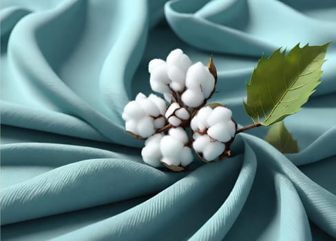 Cotton branch with green leaves on knitted background. Vector illustration.Illustration of a white cotton flower on a cloth background. Beautiful cotton flowers with green leaves on fabric, closeup