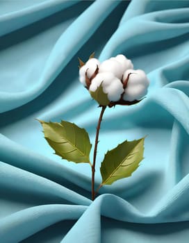 Cotton branch with green leaves on knitted background. Vector illustration.Illustration of a white cotton flower on a cloth background. Beautiful cotton flowers with green leaves on fabric, closeup